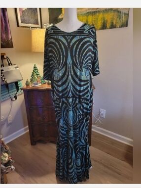 Cato Black Maxi Dress with Teal Blue Swirl Pattern